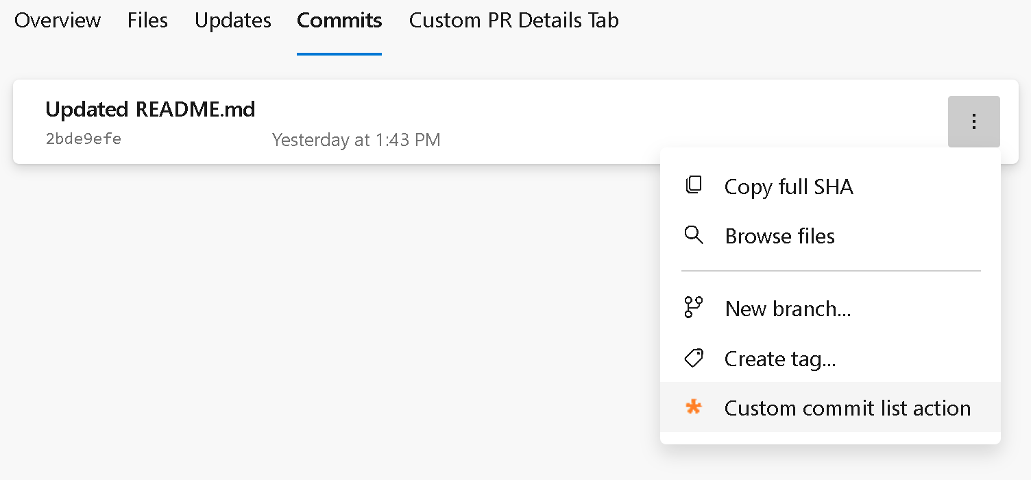 Screenshot of the Git commit list menu.