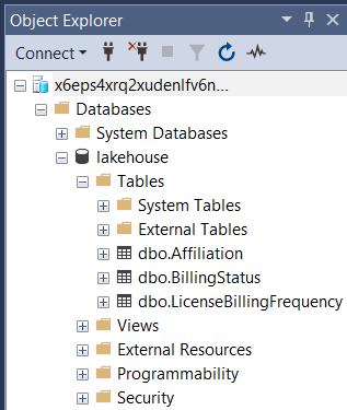 Skærmbillede, der viser, hvor det tilsluttede servernavn vises i Object Explorer-panelet.