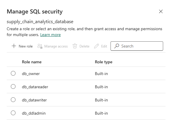 Skærmbillede, der viser siden Administrer SQL-sikkerhed og tilgængelige databaseroller.