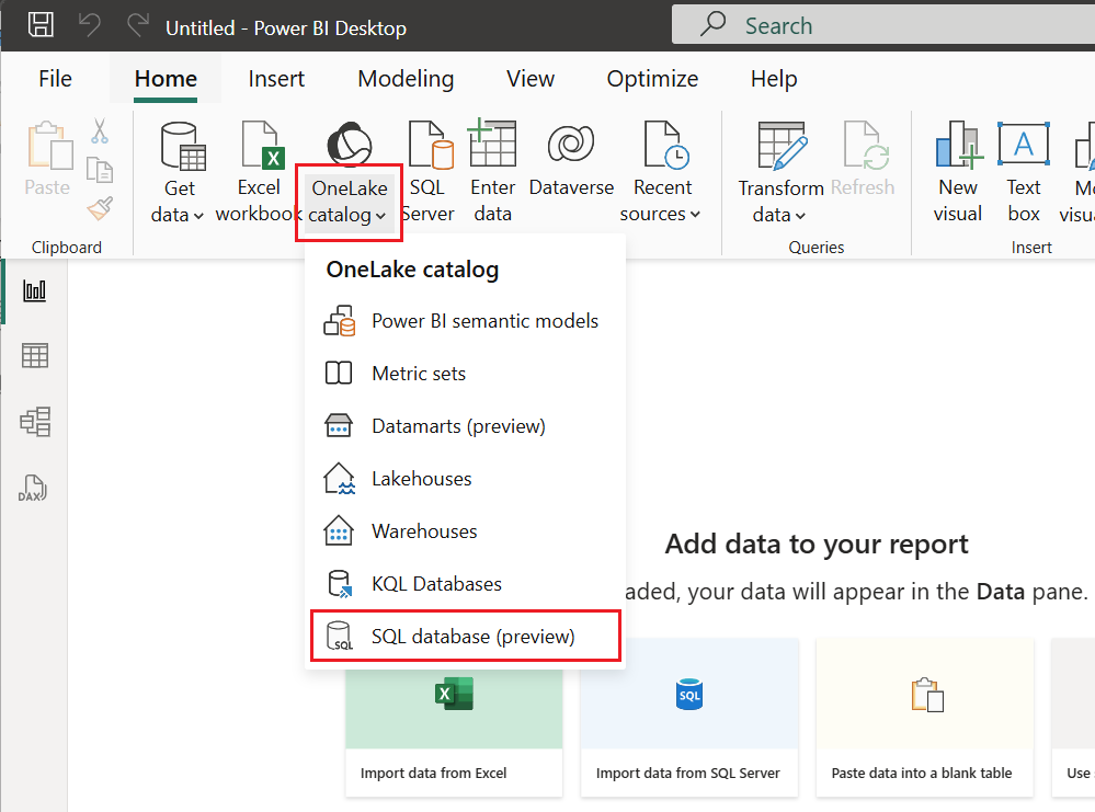Skærmbillede, der viser valg af SQL-database i OneLake-kataloget.