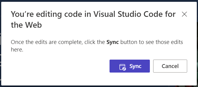 Interface for at give brugeren mulighed for at vælge knappen Synkroniser for at synkronisere ændringer, der er foretaget i Visual Studio Code til design studio.