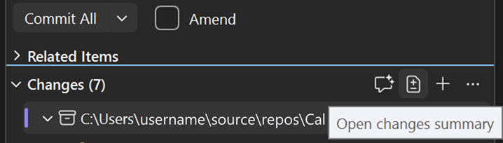 Screenshot showing Open changes summary in commit details.
