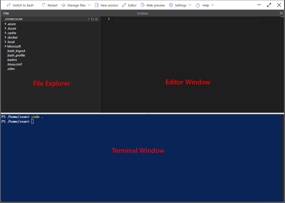 Screenshot des Cloud Shell-Editors.