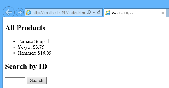 Screenshot des Webbrowsers mit einem Aufzählungszeichenformular für alle Produkte mit ihren Preisen, gefolgt von dem Feld 