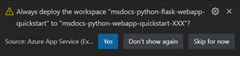 Screenshot: Dialogfeld in VS&nbsp;Code mit der Frage, ob Sie Ihren Arbeitsbereich zum Ausführen von Buildbefehlen aktualisieren möchten.