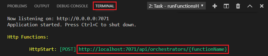 Screenshot der lokalen Ausgabe von Azure Functions im Terminal mit der URL des HTTP-Endpunkts.