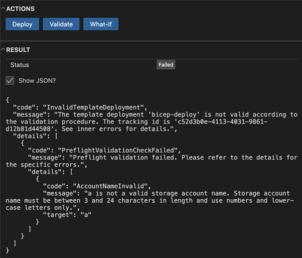 Screenshot des Validierungsfehlers im Bereitstellungsfenster in Visual Studio Code.