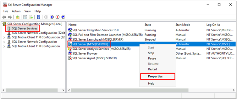 Screenshot, der SQL Server Configuration Manager anzeigt, mit Auswahlmöglichkeiten zum Öffnen von Eigenschaften für den Dienst.