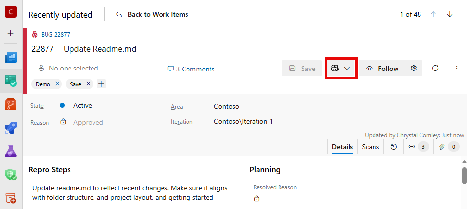 Screenshot mit hervorgehobenem GitHub Copilot-Symbol im Arbeitselement.