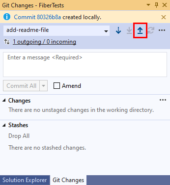 Screenshot der „Pfeil nach oben“-Schaltfläche im Git-Änderungen-Fenster von Visual Studio.