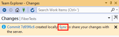Screenshot des Links „Synchronisieren“, der nach einem Commit in Visual Studio&nbsp;2019 angezeigt wird.