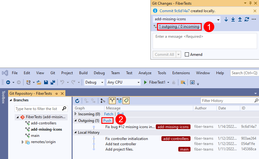 Screenshot des Links „Ausgehend/Eingehend“ im Fenster „Git Changes“ und des Links „Push“ im Fenster „Git Repository“ von Visual Studio.