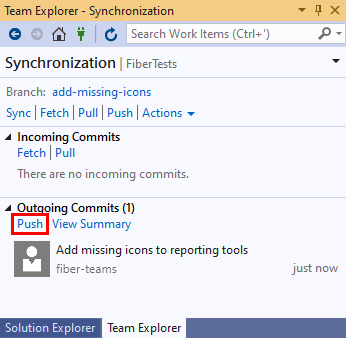 Screenshot: Link „Pushen“ in der Ansicht „Synchronisierung“ von Team Explorer in Visual Studio&nbsp;2019.