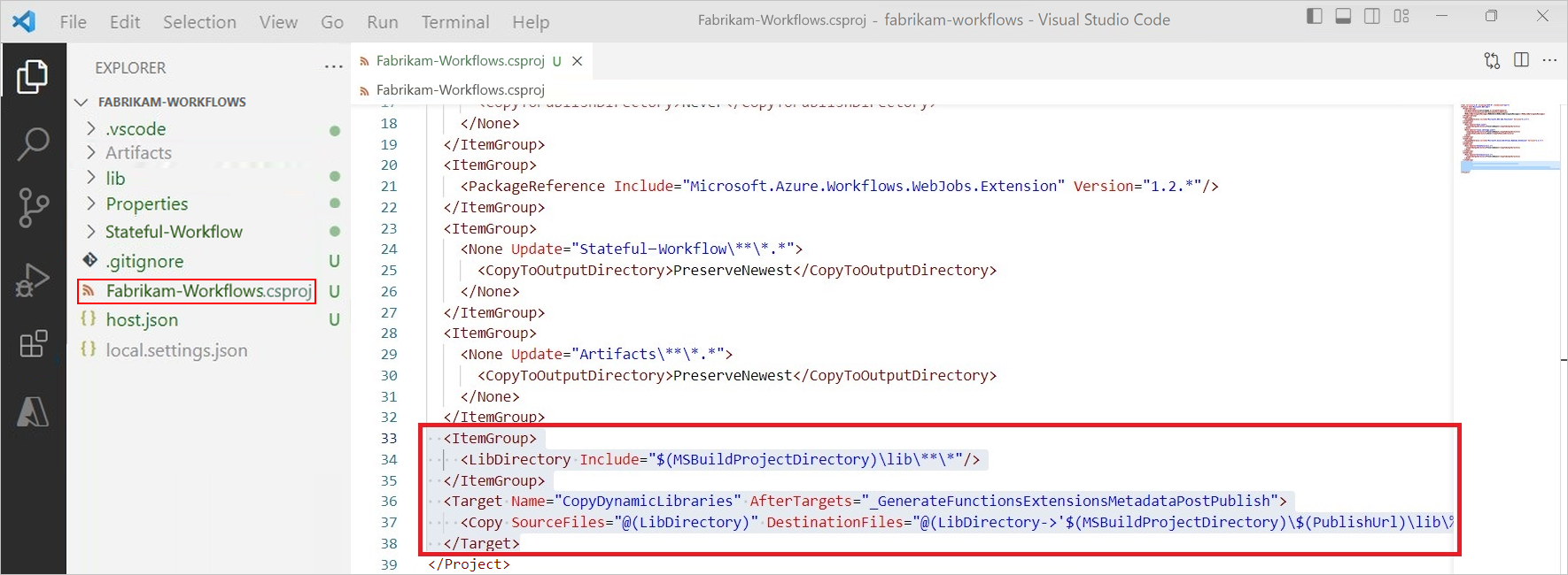 Screenshot zeigt migrierte Assemblys und hinzugefügten Code in der CSPROJ-Datei.