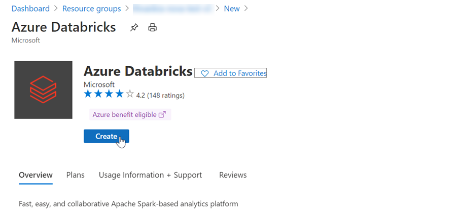 Screenshot, der das Azure Databricks-Angebot mit ausgewählter Option 