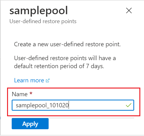 Screenshot aus dem Azure Portal mit dem Namen des neuen benutzerdefinierten Wiederherstellungspunkts.