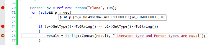 Screenshot des Debuggens von VectorProxy in einer bereichsbasierten Schleife.