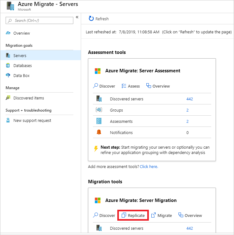 Screenshot des Azure Migrate - Serverbildschirm mit ausgewählter Schaltfläche 