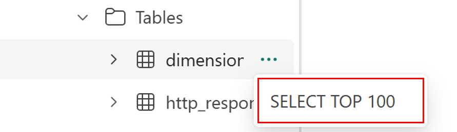 Screenshot aus der Notizbuchumgebung der SQL-Datenbank mit der Option SELECT TOP 100 neben einer Tabelle im Objekt-Explorer.