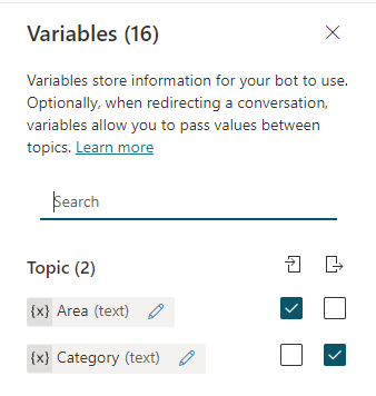 Screenshot des Bereichs „Variablen“ mit zwei Variablen und einer ausgewählten Kombination aus Eingabe und Ausgabe zeigt.
