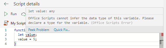Eine Fehlermeldung im Daraufzeigertext des Code-Editors mit einer Schaltfläche 