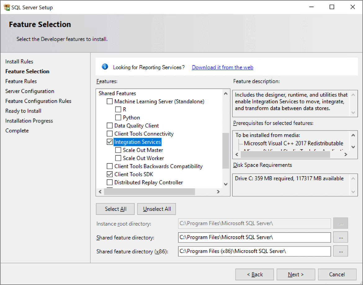 Screenshot der Installation der Integrationsdienste-Featureauswahl.
