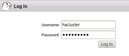 Screenshot der Anmeldeseite der Pacemaker-Web-UI mit dem eingegebenen Hacluster-Benutzernamen.
