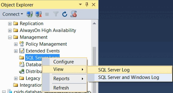 Das SQL Server-Log in SSMS anzeigen.