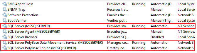 Screenshot des Beendens und Startens von PolyBase-Diensten in services.msc.