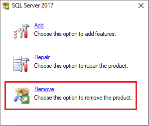 Screenshot zeigt, wie SQL Server entfernt wird.
