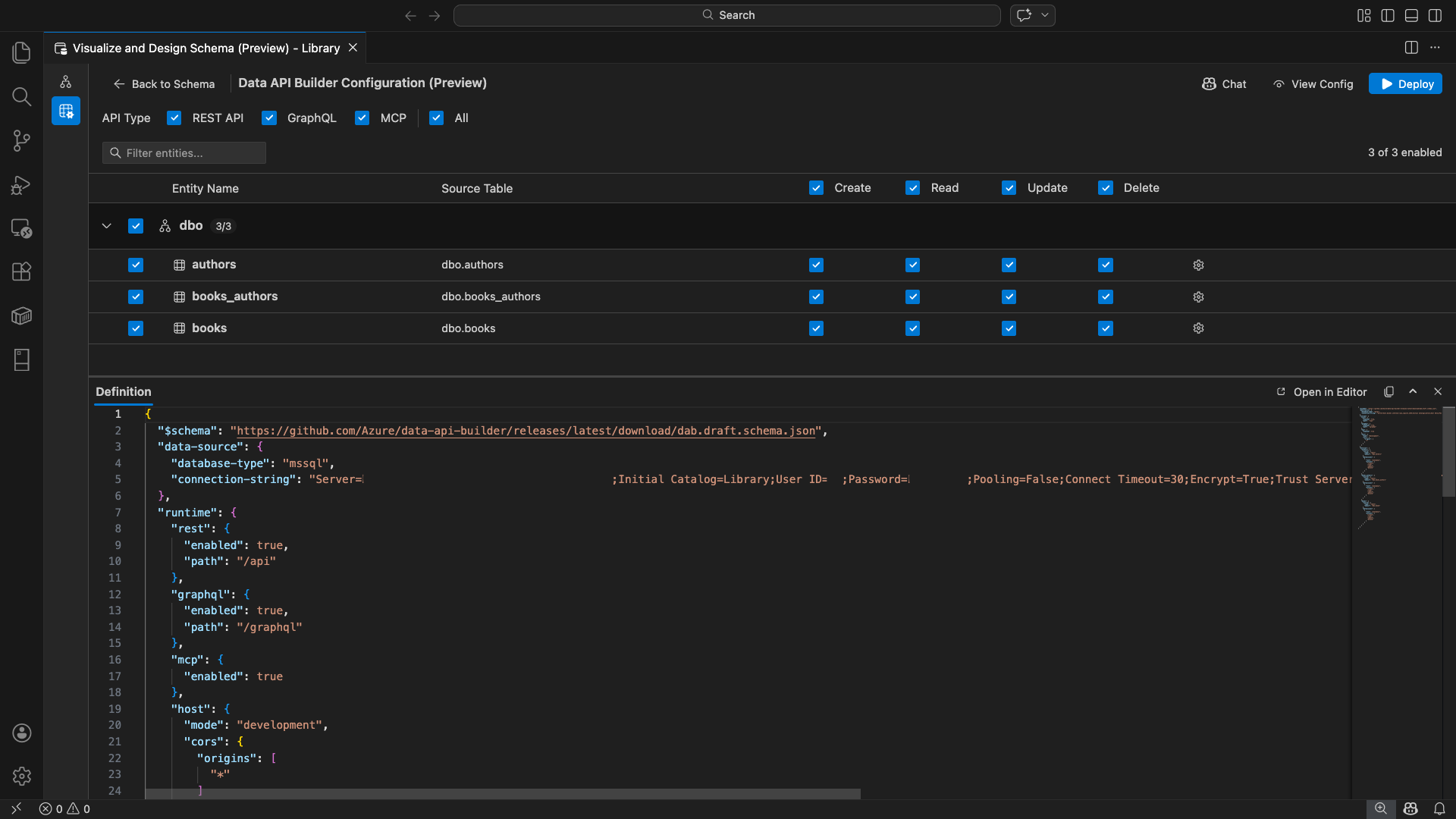 Screenshot der Benutzeroberfläche des Daten-API-Generators mit Entitätslisten und CRUD-Kontrollkästchen in Visual Studio Code.