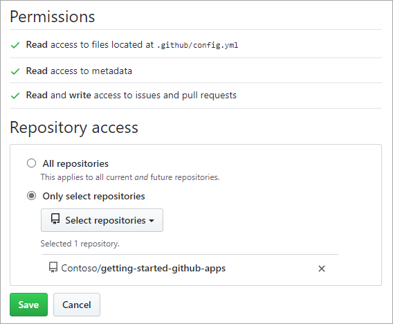 Screenshot: Überprüfen angeforderter Berechtigungen und des Repositoryzugriffs.