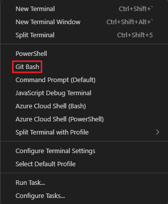 Screenshot des Visual Studio Code-Terminalfensters mit der Dropdownliste 