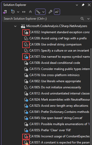 Screenshot mit Schweregradsymbolen für die Analysetool-Diagnosen im Projektmappen-Explorer.