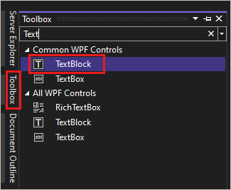 Screenshot mit dem Toolboxfenster in Visual Studio 2022 mit hervorgehobenem TextBlock-Steuerelement in der Liste der allgemeinen WPF Controls.