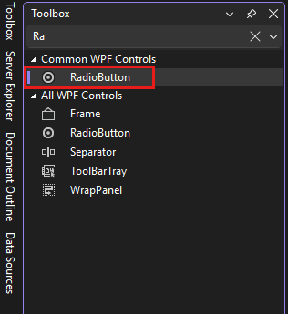 Screenshot des Toolbox-Fensters, in dem das Optionsfeld-Steuerelement in der Liste der allgemeinen WPF-Steuerelemente ausgewählt ist.