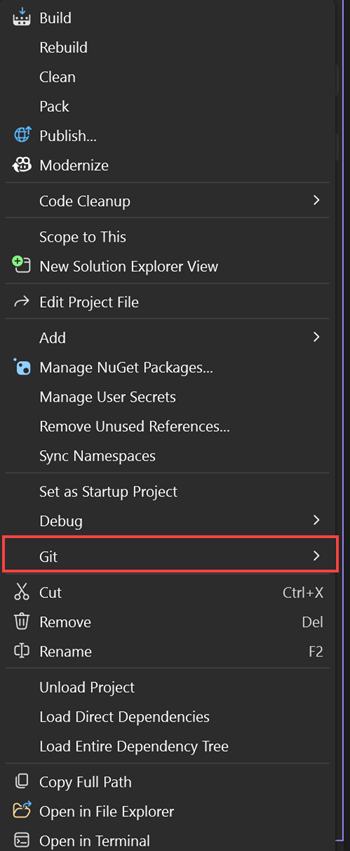 Screenshot des Kontextmenüs aus einem Projektknoten im Projektmappen-Explorer, in dem eine zusätzliche Option angezeigt wird.