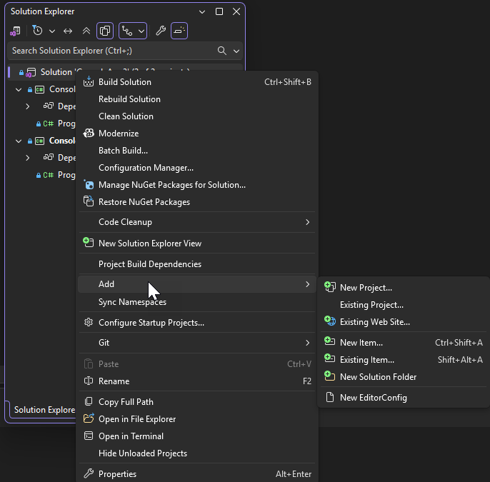 Screenshot des Ausklappmenüs „Hinzufügen“ aus dem Rechtsklick-Kontextmenü im Projektmappen-Explorer.