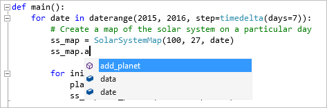 Screenshot, der die Mitgliedervollständigung mithilfe von IntelliSense im Visual Studio-Editor zeigt.