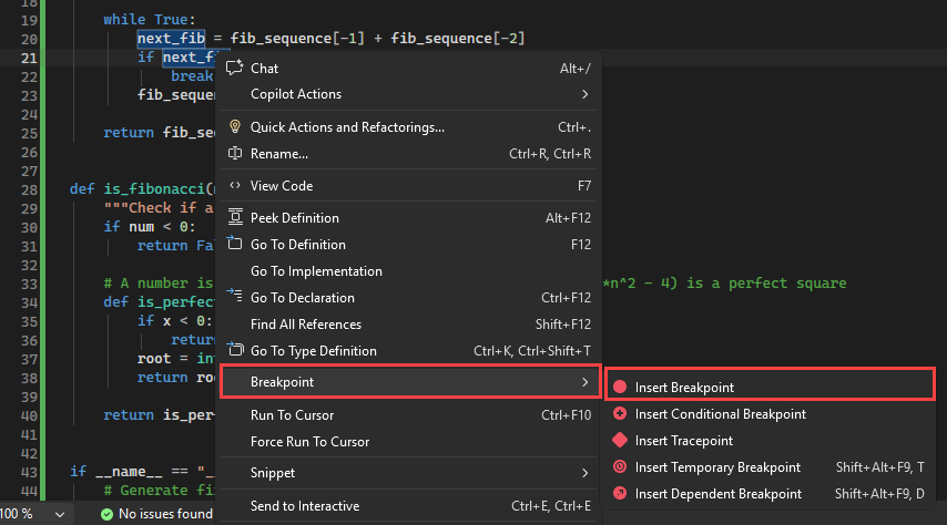 Screenshot, der zeigt, wie Breakpoints am linken Rand der Codedatei in Visual Studio angezeigt werden.