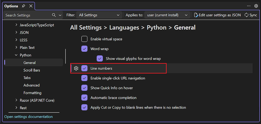 Screenshot, der zeigt, wie Sie die Zeilennummerierung im Editor mit der Option 