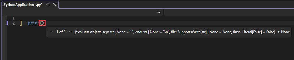 Screenshot der AutoVervollständigen-Optionen für IntelliSense für die Druckfunktion im Editor in Visual Studio.