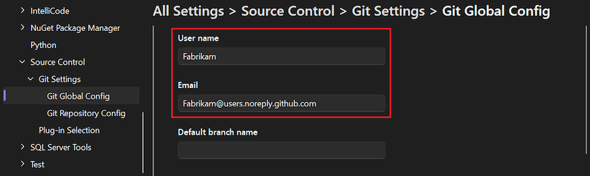 Screenshot der Git Global Config-Einstellungen im Bereich 