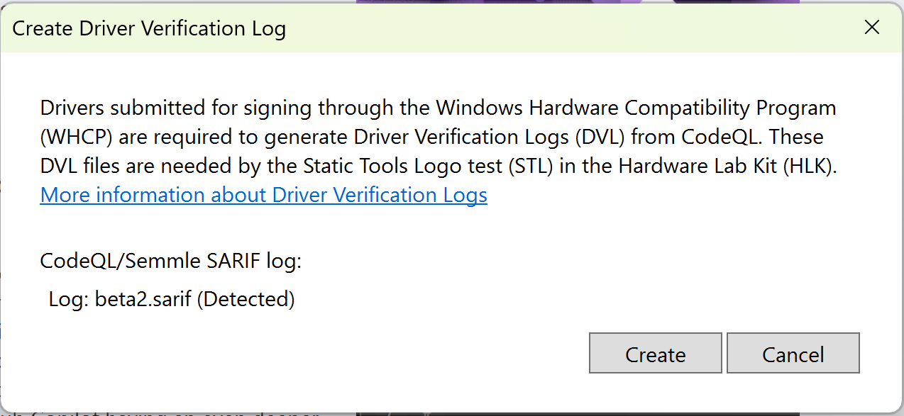 Screenshot der Visual Studio-Benachrichtigung für die CodeQL-DVL-Generierung.