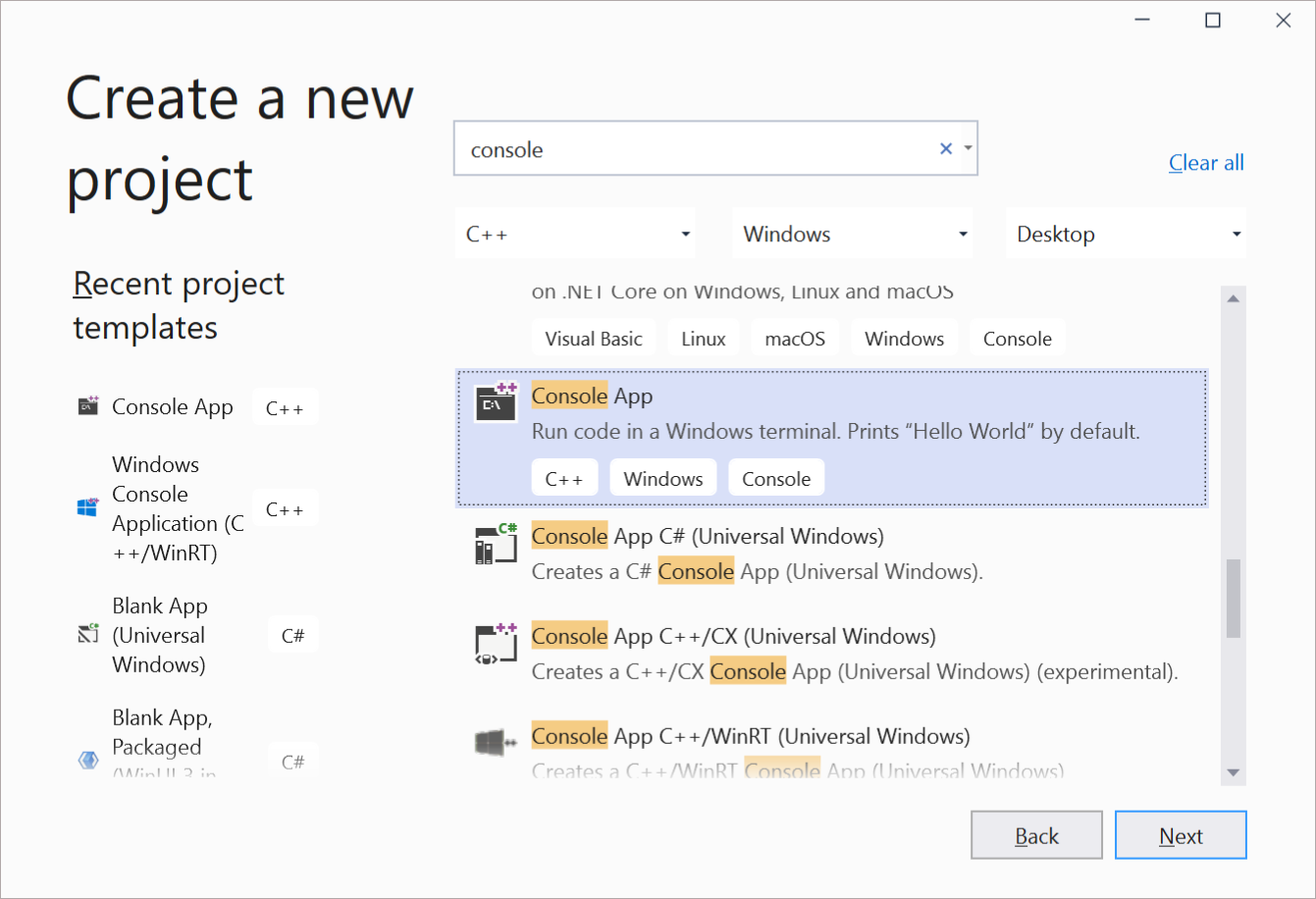 Screenshot zum Erstellen einer neuen C++-App in Visual Studio