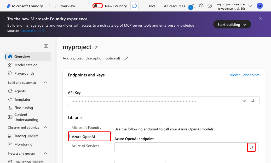 Screenshot showing how to copy the OpenAI endpoint and the foundry project endpoint in the foundry portal.