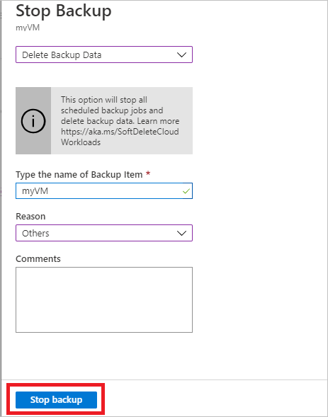 Screenshot that shows selections for stopping a backup.