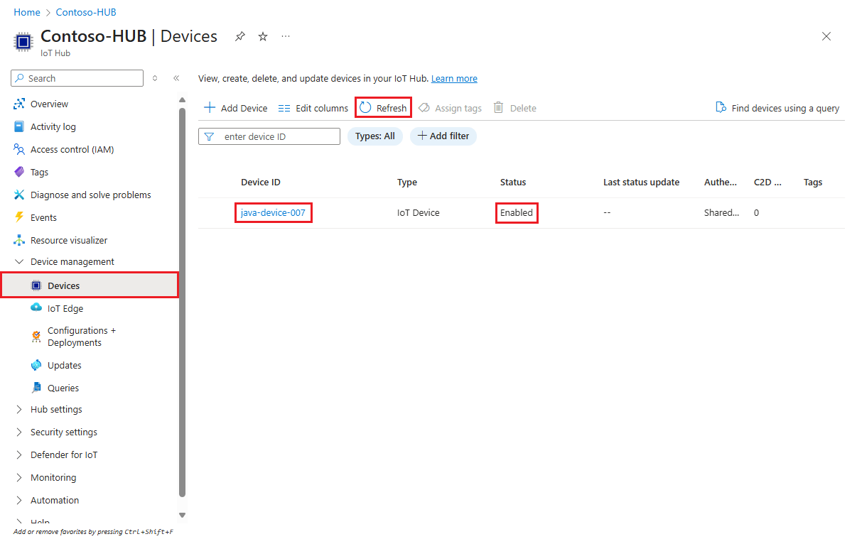 Screenshot showing that the device is registered with the IoT hub and enabled for the Java example.