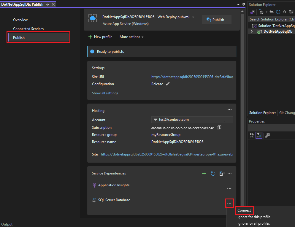 Screenshot that shows configuring the SQL Database dependency.