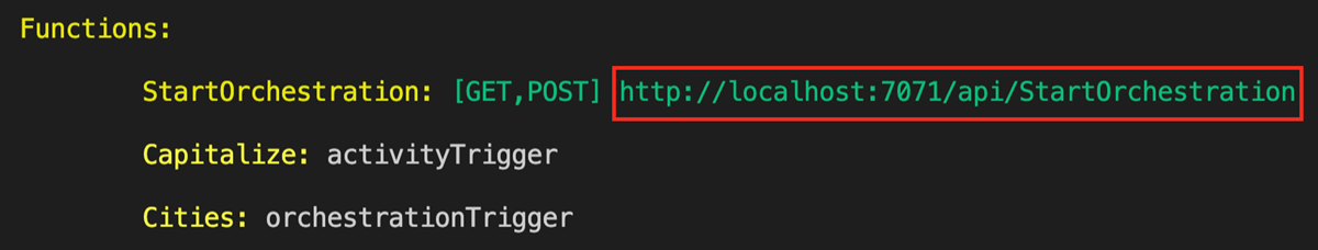 Screenshot of the terminal output showing the HTTP endpoint URL for the local Azure Functions runtime.